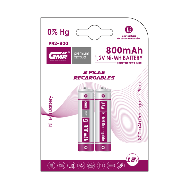 Pilas Recargables GMR AAA 1,2V 800mAh | Más de 1000 Ciclos, Potencia Duradera para Dispositivos Electrónicos